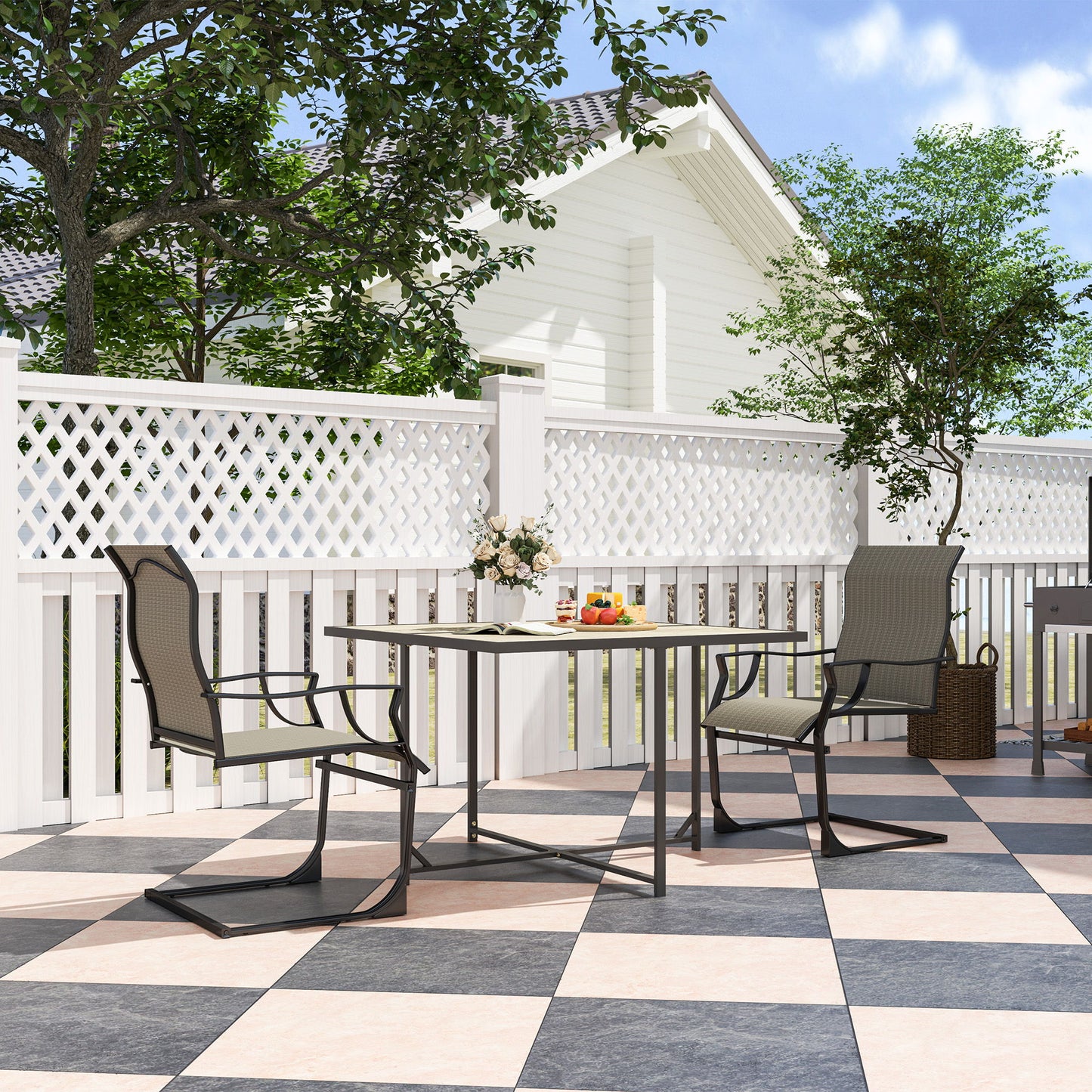 C Spring Motion Patio Chairs Set of 2 with Curved High Backrest, Armrest, All Weather Breathable Fabric, Metal Frame