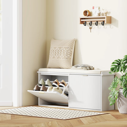 Entryway Shoe Storage Bench with Flip-Drawers - White
