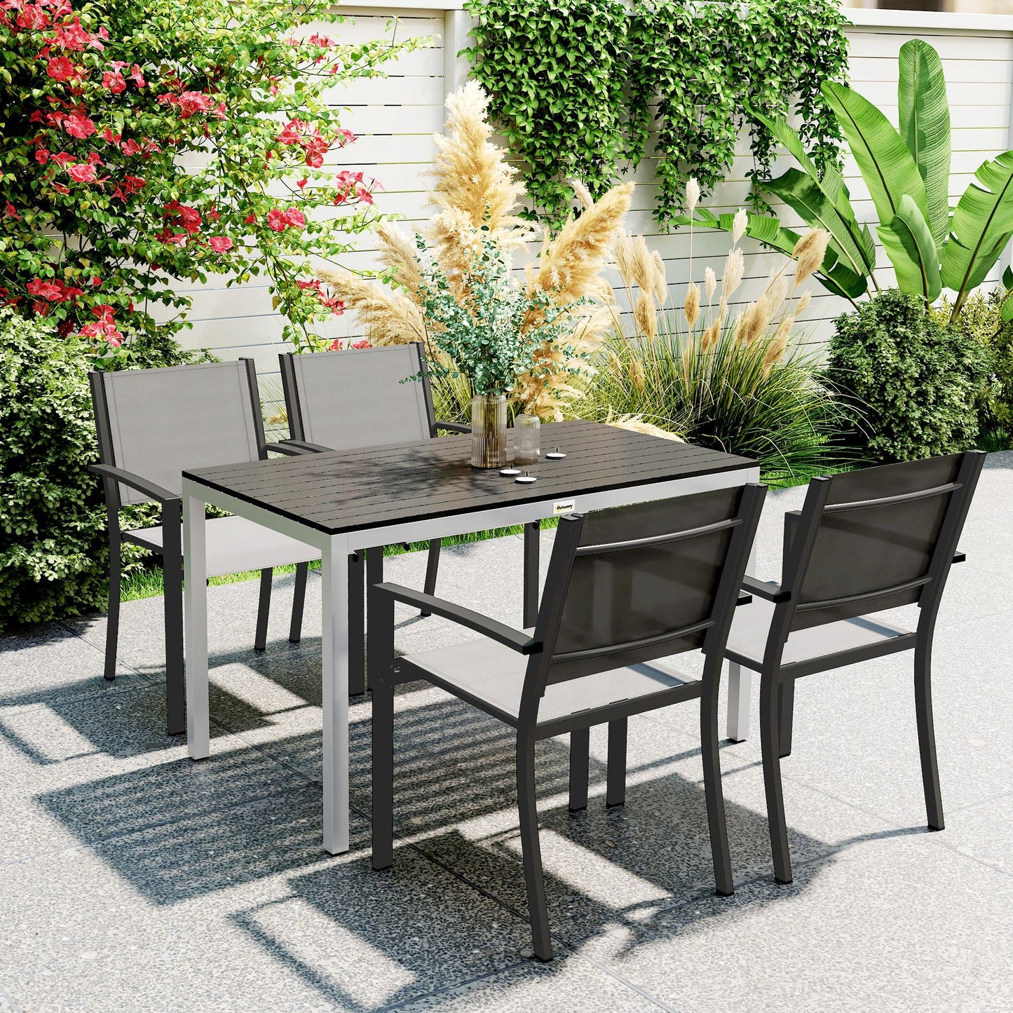 Outdoor Dining Table for 4-6 with Easy Maintenance Slatted Top, Rust-Resistant Aluminium Frame, Black
