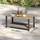 2-Tier Rectangle Outdoor Coffee Table, Patio Table with Wood-Effect Metal Top, Wicker Shelf for Garden, Backyard, Brown