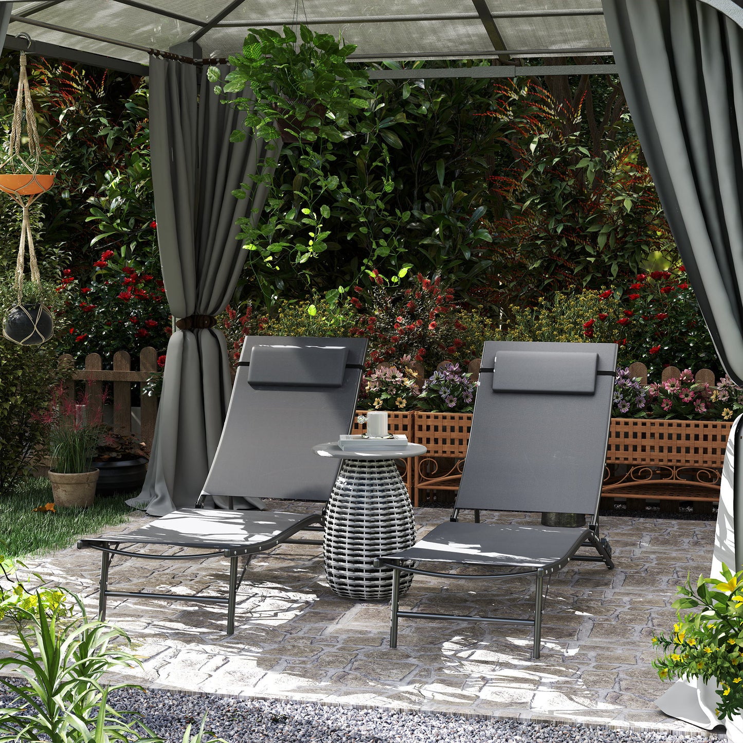 Folding Outdoor Chaise Lounge Chair Set of 2 with Adjustable Backrest, Headrest, Mesh Seat for Beach, Poolside, Grey