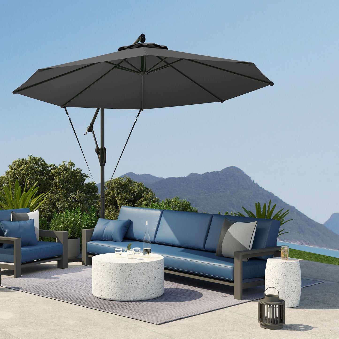 118.1" Patio Offset Umbrella with Cover and Wind Protection Strap,with Crank Handle and Tilt, UPF50+, Grey