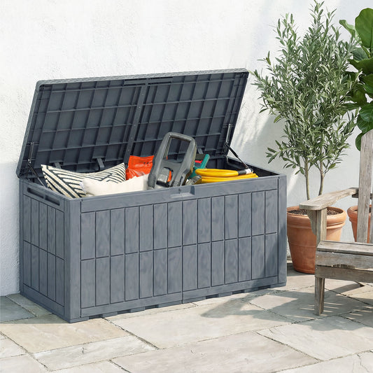 100 Gallon Resin Deck Box, Waterproof Lockable Outdoor Storage Box with Pneumatic Gas Rods, Side Handles