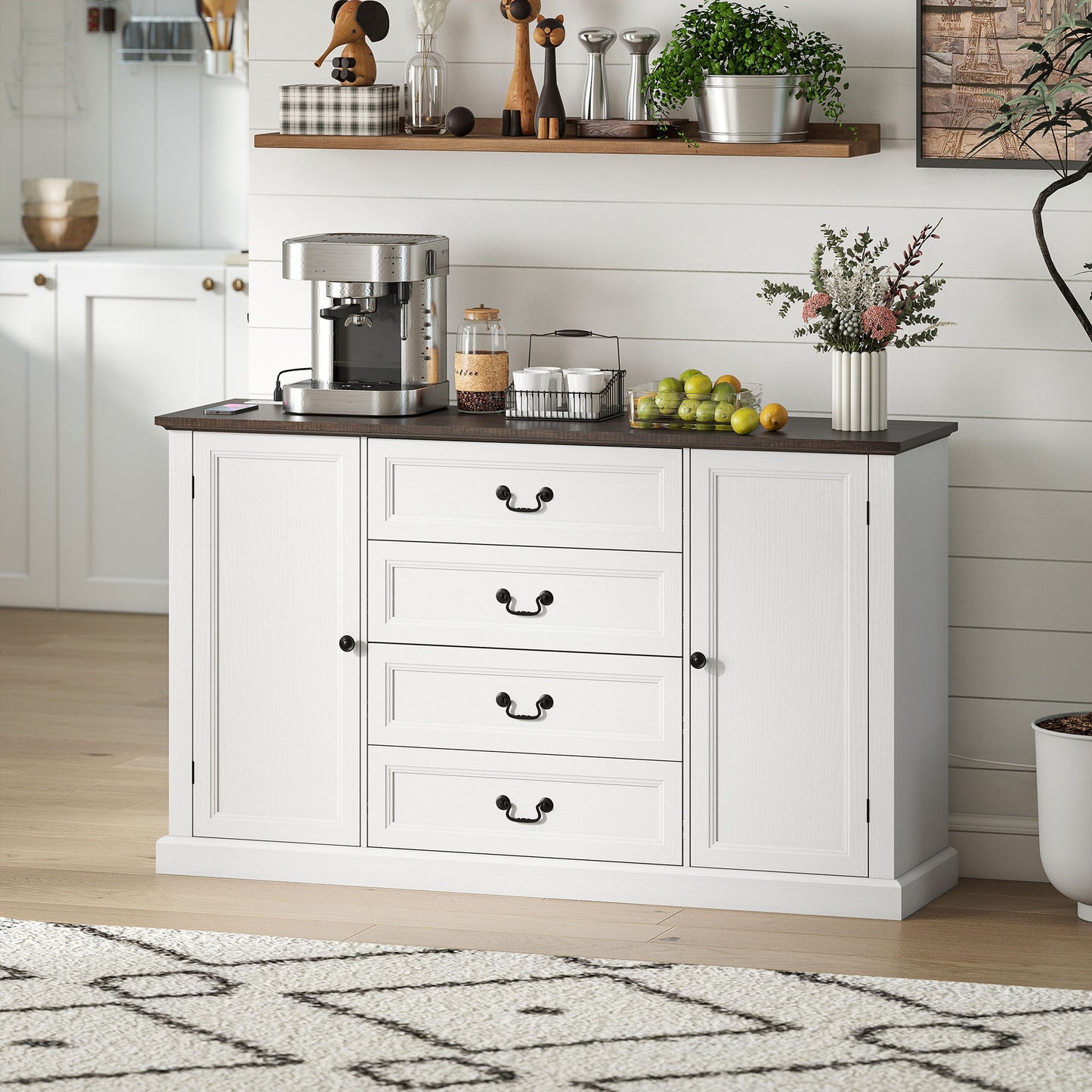 Farmhouse Sideboard with Charging Station, 58" Buffet Cabinet, Kitchen Storage Cabinet with 4 Drawers, 2 Doors, White