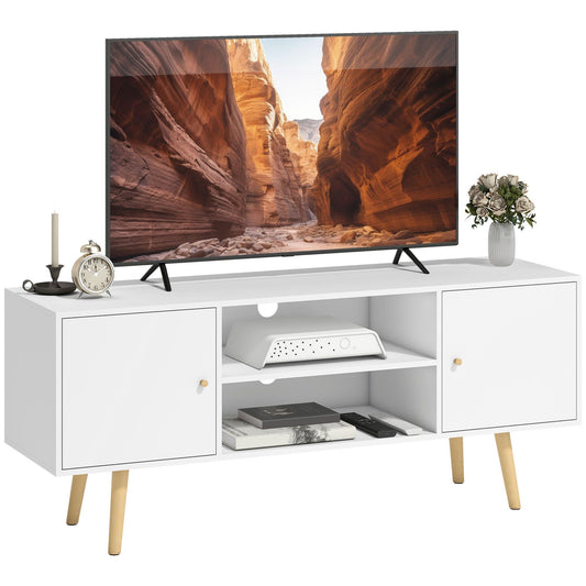 TV Stand with Storage Shelves and Wood Legs - White