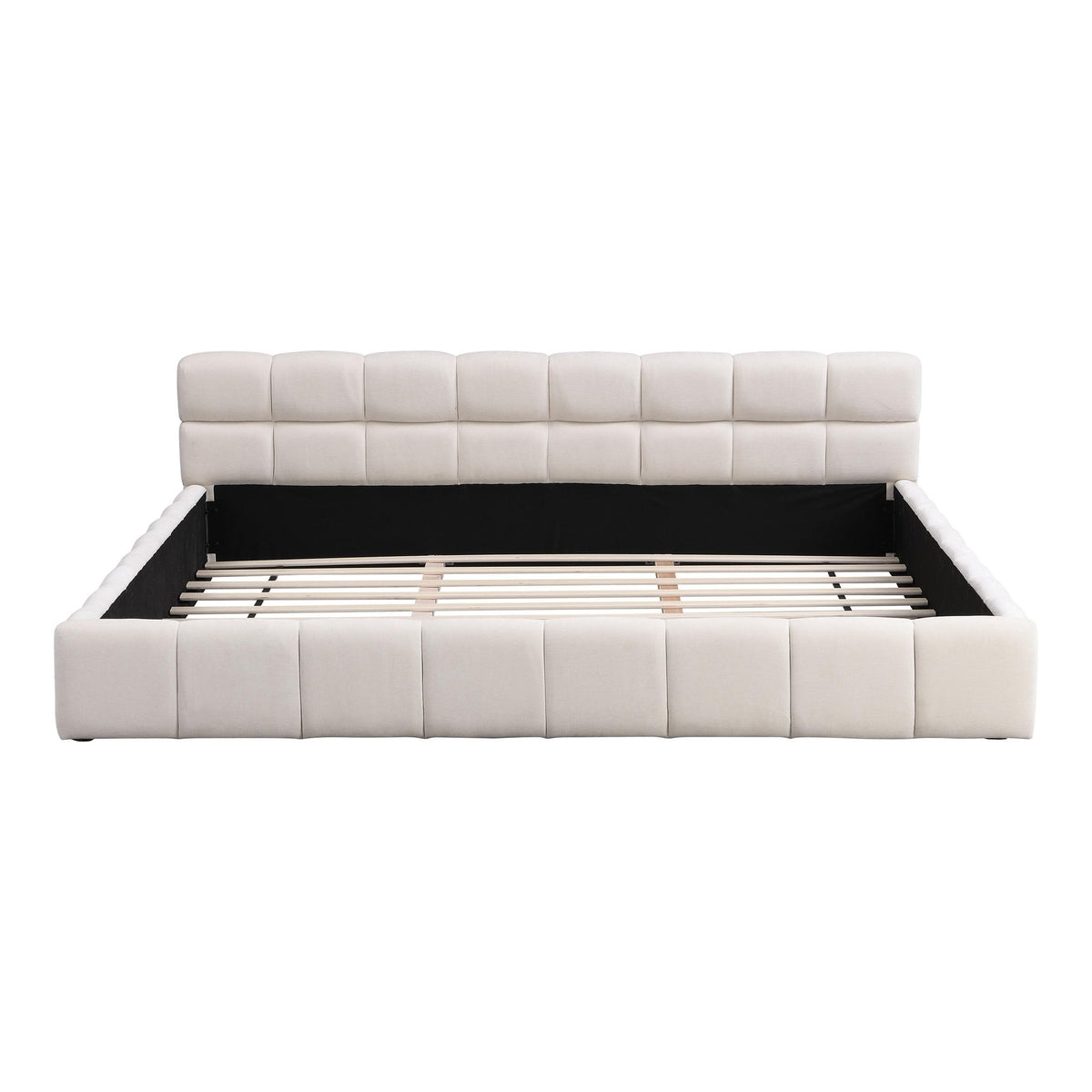 King-Size Chenille Upholstered Bed with Checkerboard Headboard, Durable Bed Frame for Homes and Families, 88'' L x 82.5'' W x 24.5'' H, Beige