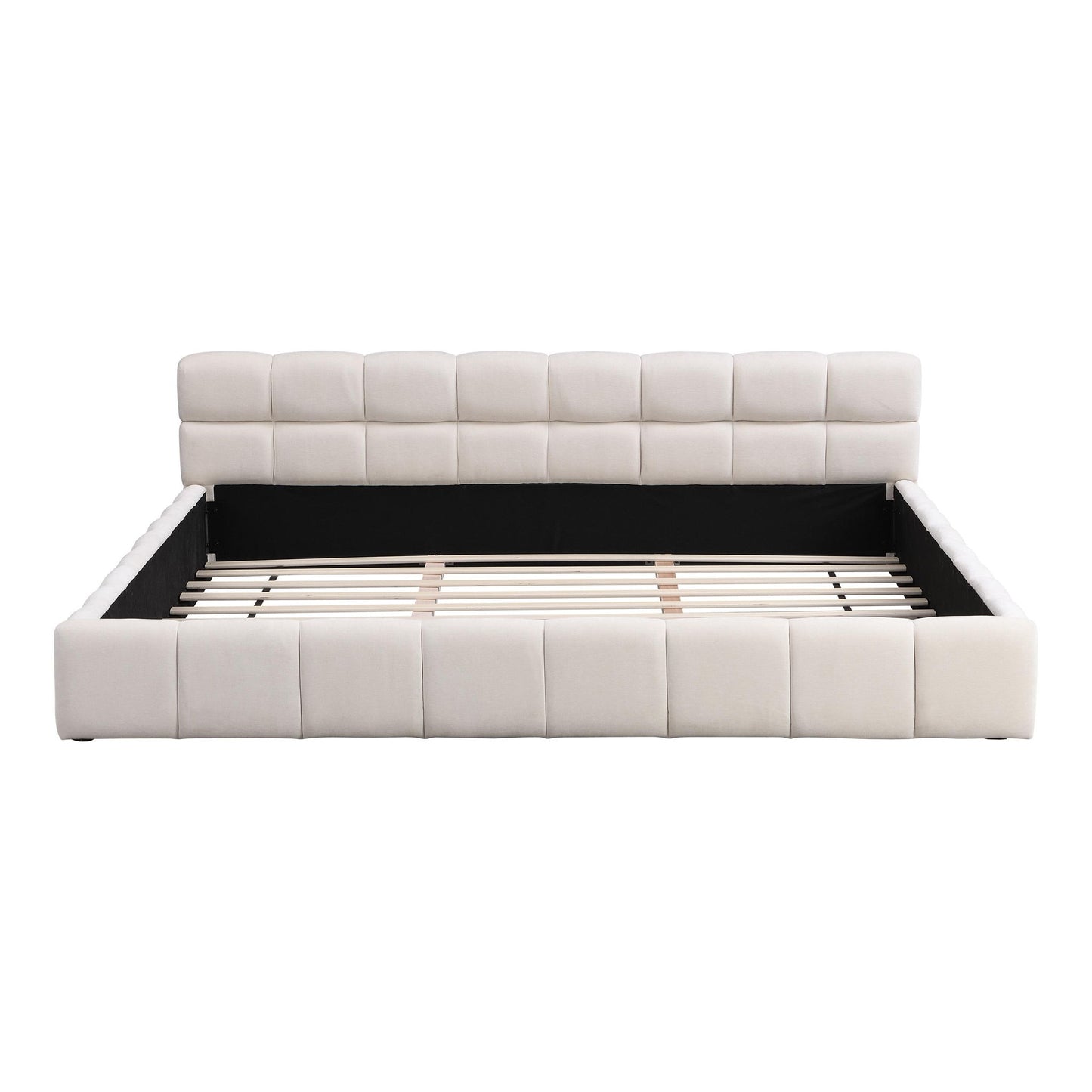 King-Size Chenille Upholstered Bed with Checkerboard Headboard, Durable Bed Frame for Homes and Families, 88'' L x 82.5'' W x 24.5'' H, Beige