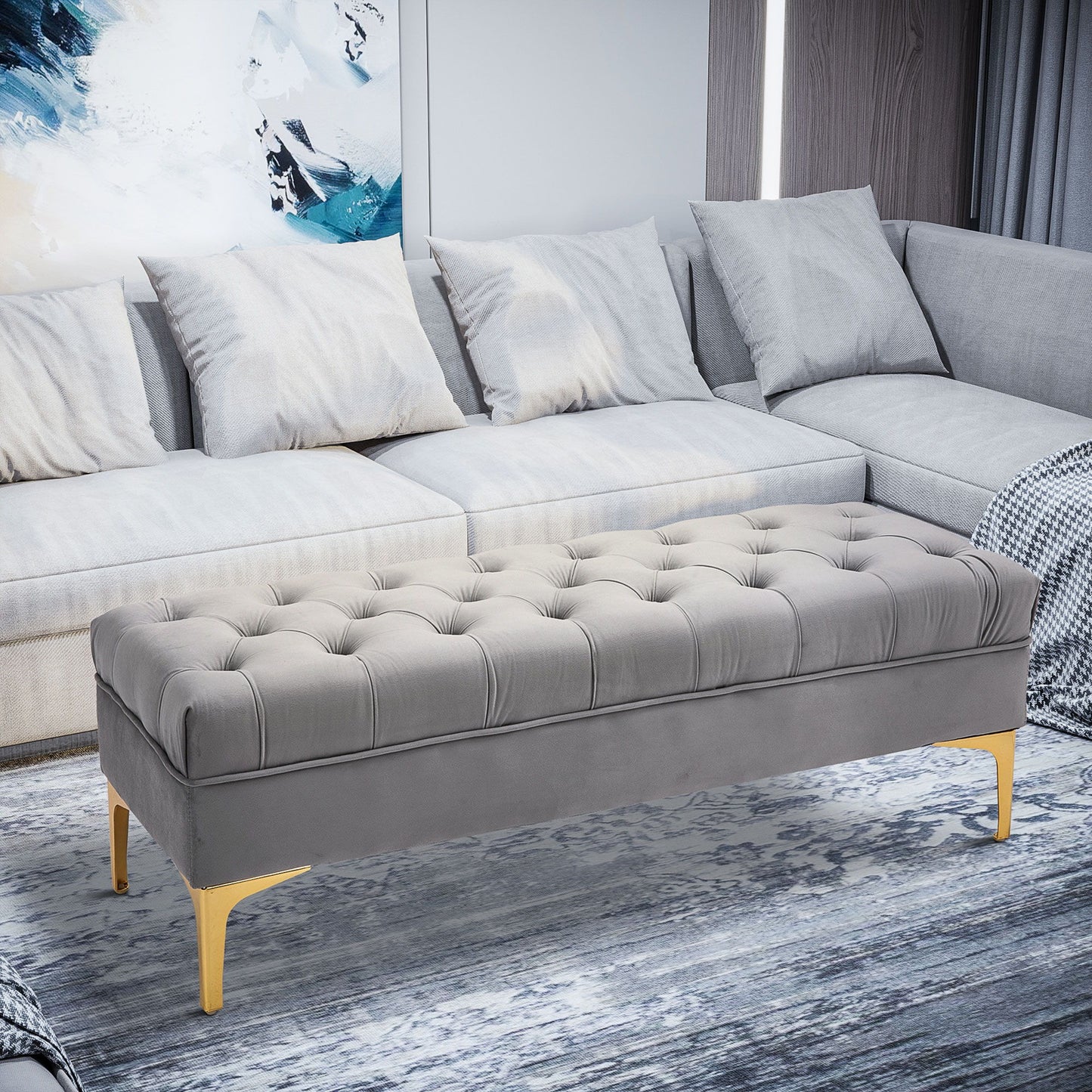 End of Bed Bench, Upholstered Bench, Entryway Shoe Bench with Button Tufted for Living Room, Bedroom, Grey