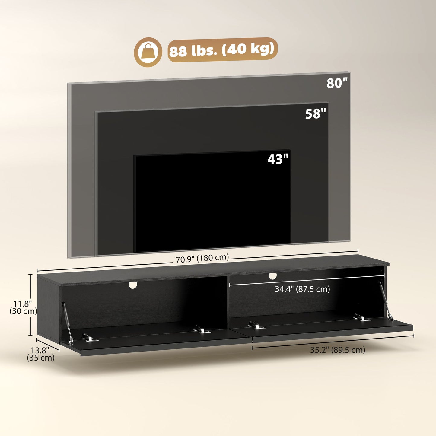 Wall Mounted TV Stand, Floating TV Cabinet with Storage, for TVs up to 70", High Gloss Effect, Black