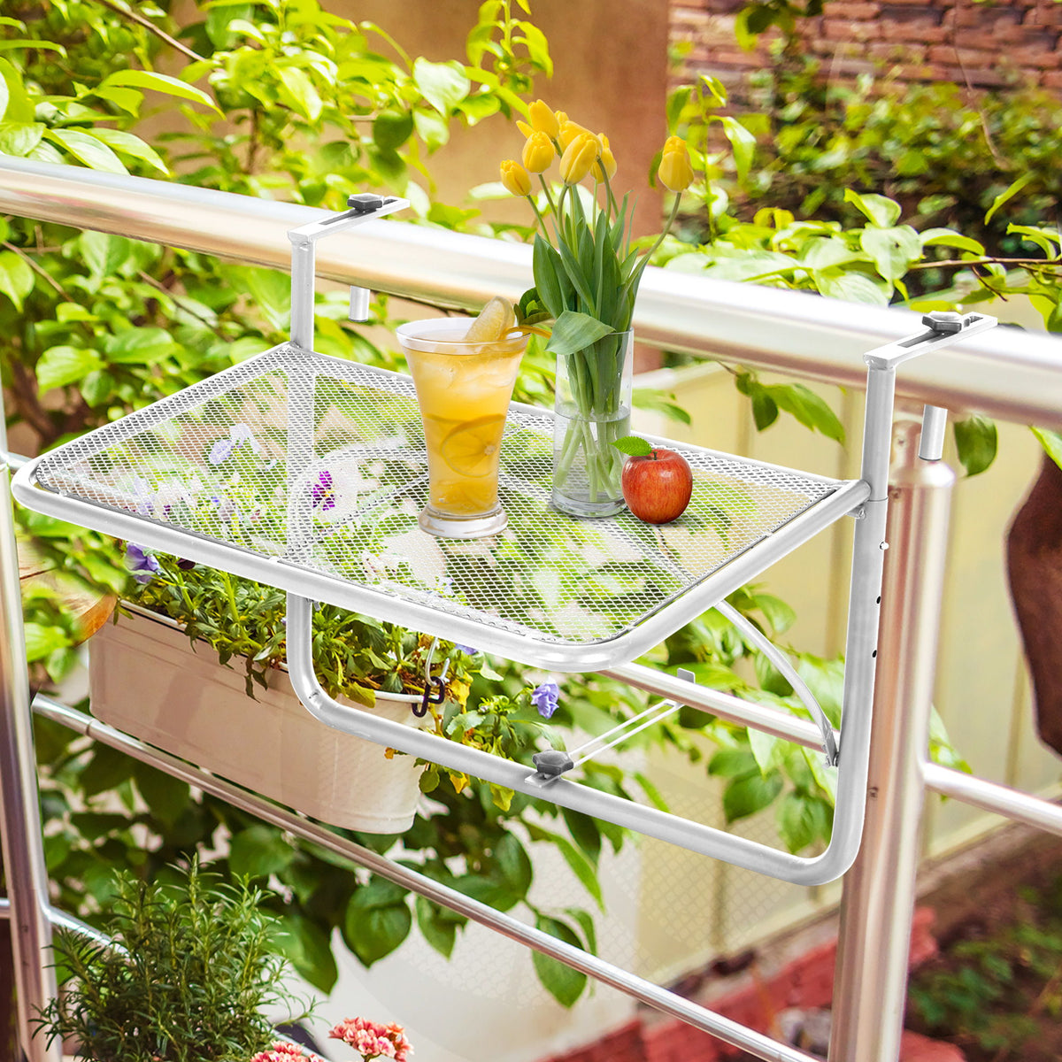 Adjustable Balcony Hanging Railing Table, Metal Mounting Mini Wall Desk Storage Rack, Outdoor Flower Stand Serving Table Rectangle, White