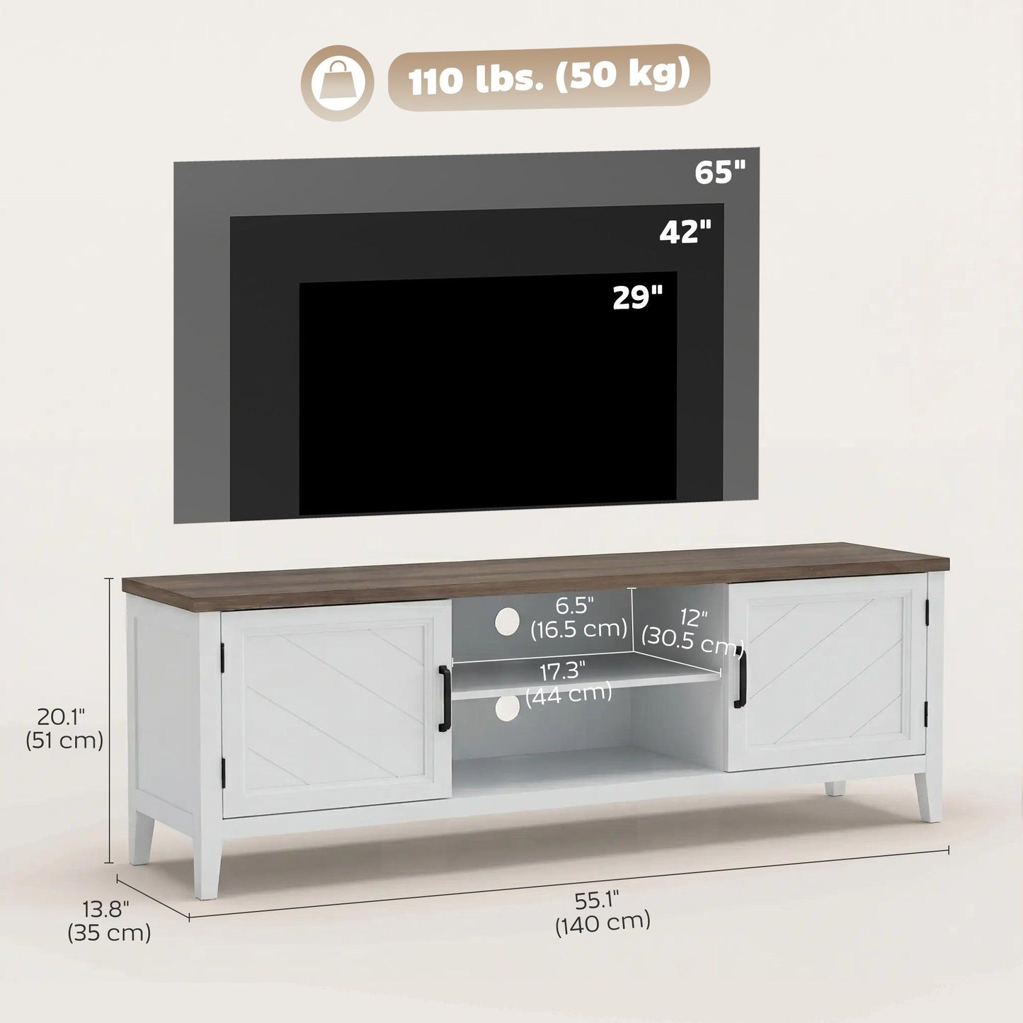 65" TV Stand with 2 Cabinets - White and Brown