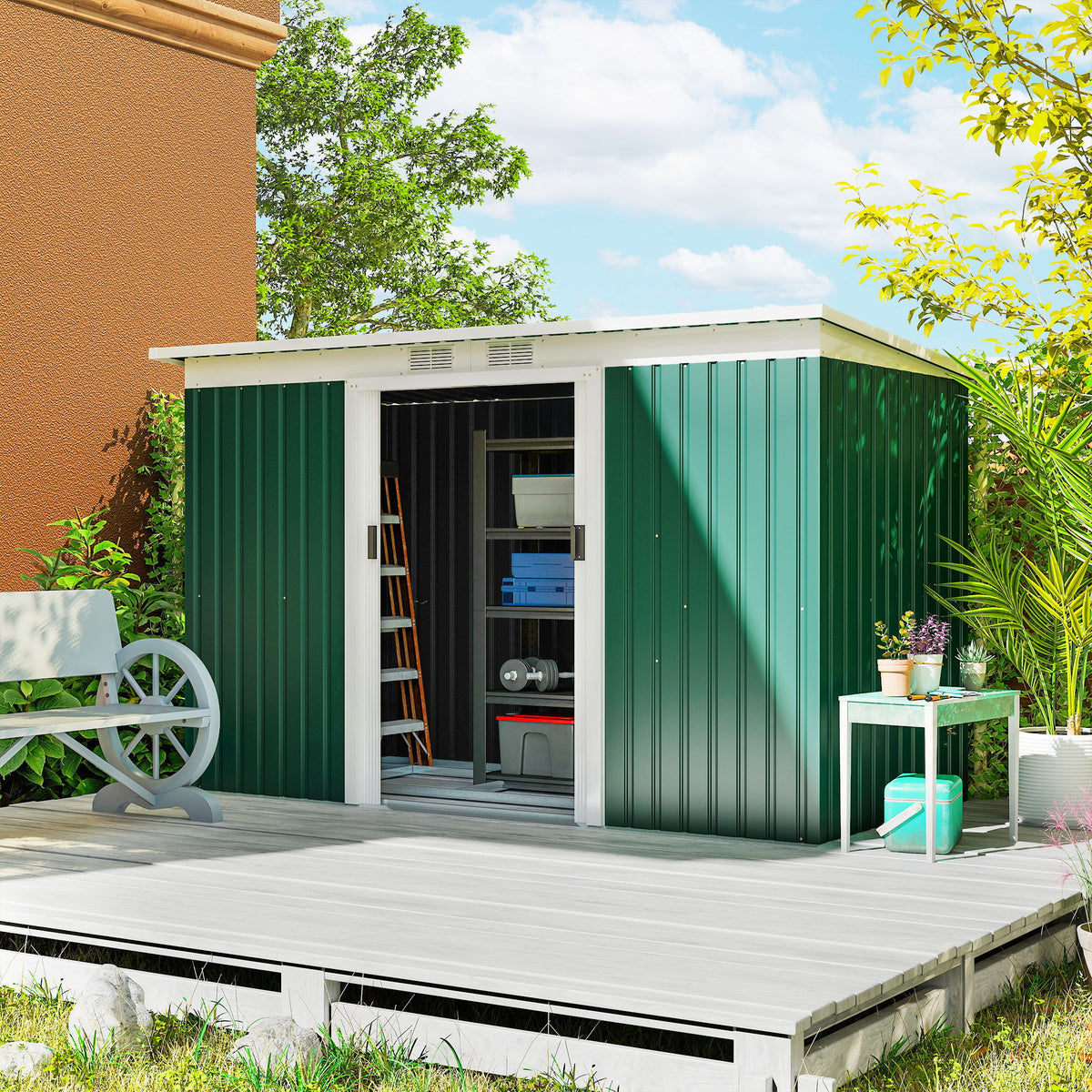9' x 4' Garden Tool Shed Metal Storage Shed Outdoor Equipment Tool Box with Foundation Kit, Ventilation & Doors, Dark Green
