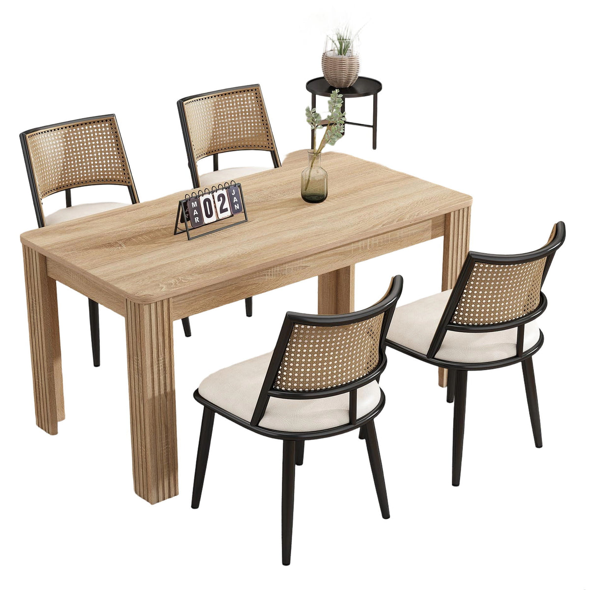 Set of 4 Modern Dining Chairs with PE Rattan Backrest, Ergonomic Side Chairs for Home or Restaurant, 19.5'' L x 19'' W x 31.5'' H, Black+Natural