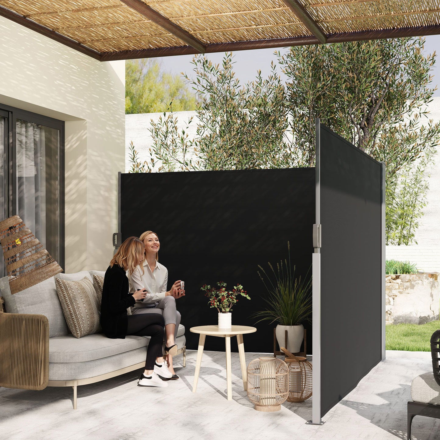 Retractable Double Side Awning, 79"x236" Patio Privacy Screen, UV Resistant, Waterproof Wind Screen, Black