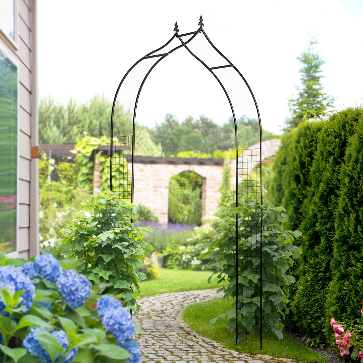 8FT Metal Garden Arch, Decorative Arbor Trellis for Climbing Plants, Wedding, Party, Event, Holiday, Black