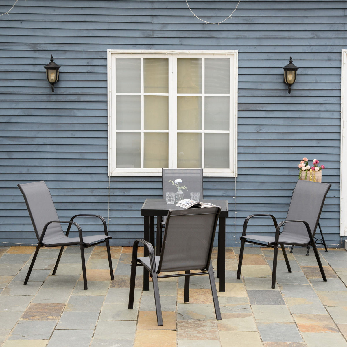 Set of 4 Outdoor Dining Chairs, Heavy Duty Stackable Patio Dining Set with Armrests for Balcony Garden, Dark Grey