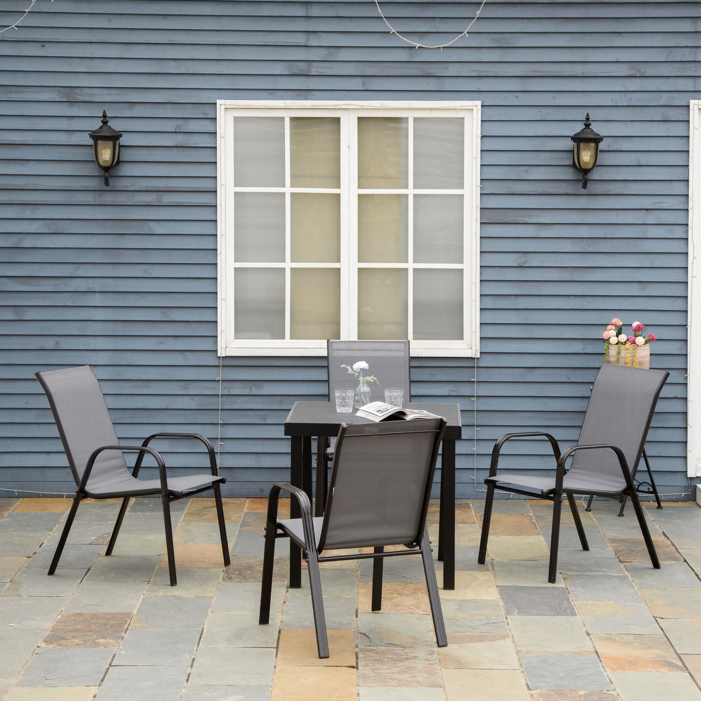 Set of 4 Outdoor Dining Chairs, Heavy Duty Stackable Patio Dining Set with Armrests for Balcony Garden, Dark Grey