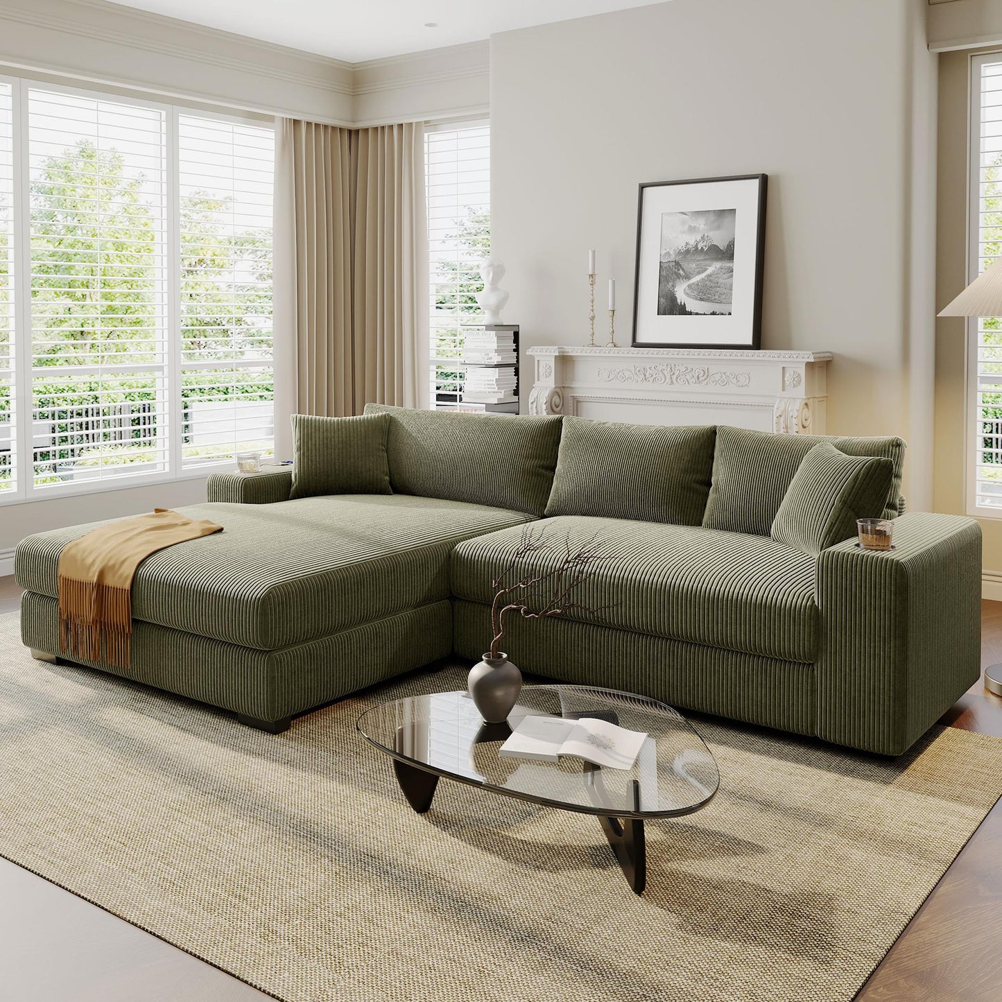 Large Corner Sectional Sofa with Extra-Thick Cushions, Comfortable Upholstered Couch for Living Room, 111.5" L x 59" W x 32" H, Green