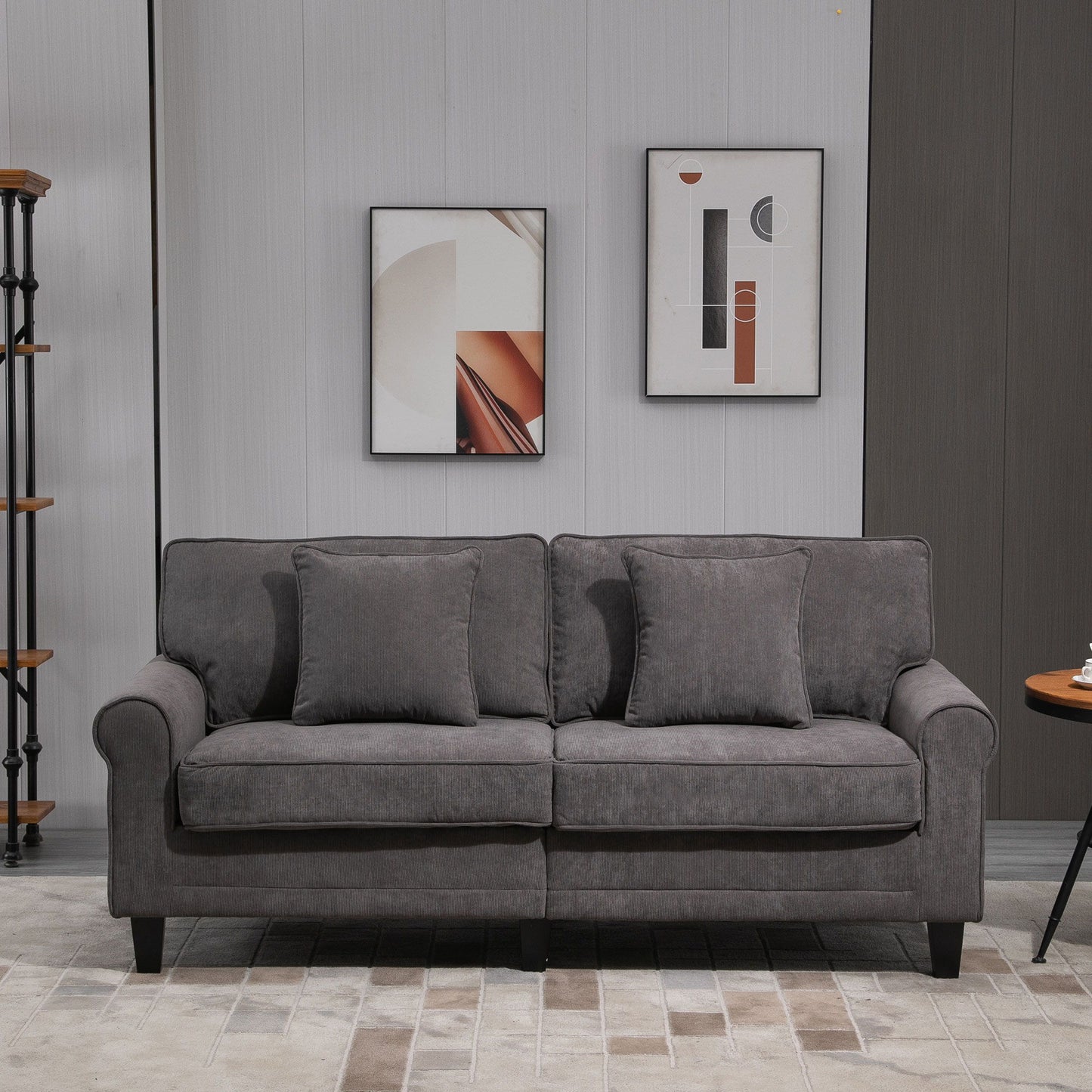 Modern 3 Seater Sofa, Corduroy Fabric 3 Seater Couch with Pine Wood Legs and Rolled Armrests for Living Room, Light Grey