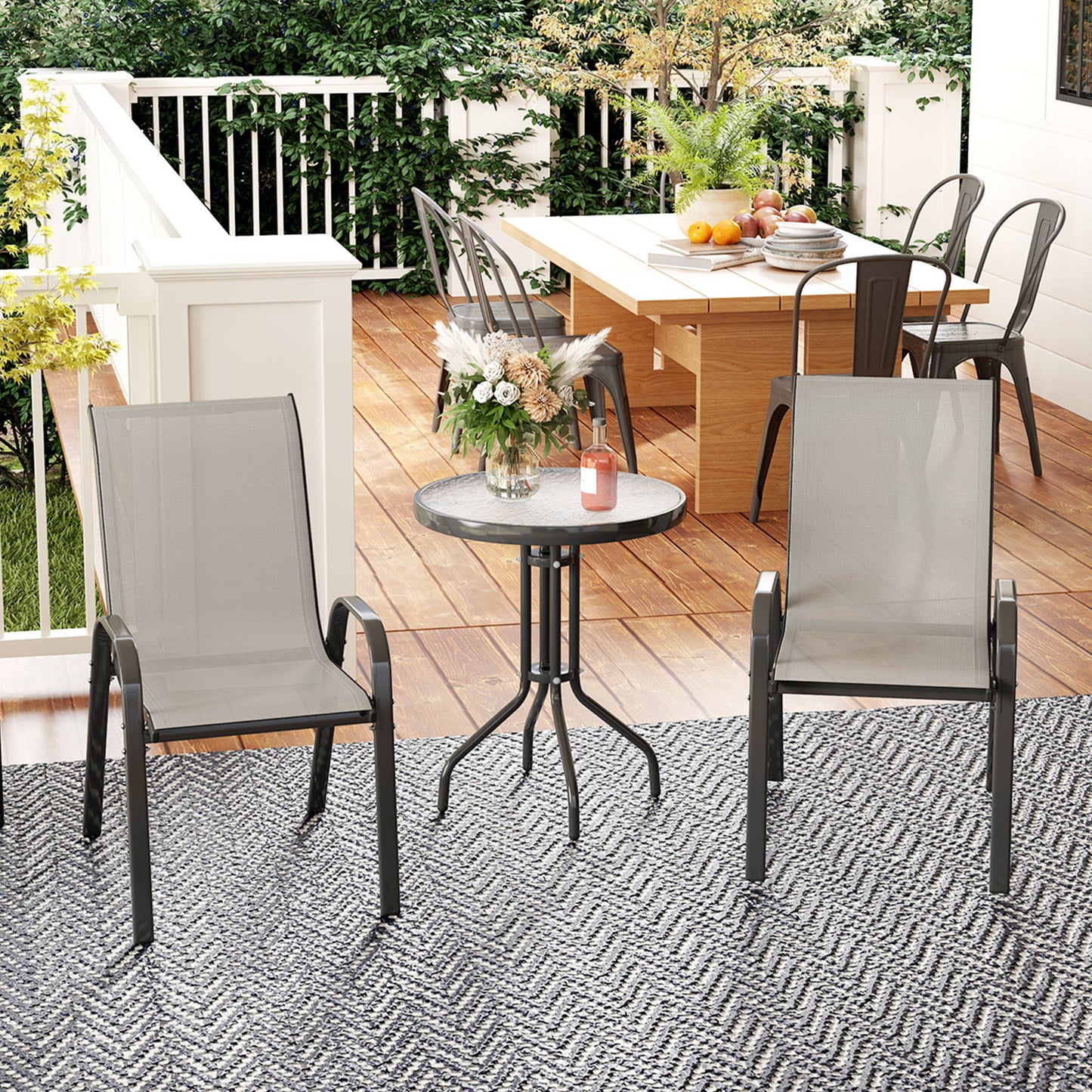 3 Pieces Bistro Set, Small Patio Furniture Set with Stackable Mesh Chairs, Glass Table for Garden, Balcony, Light Grey
