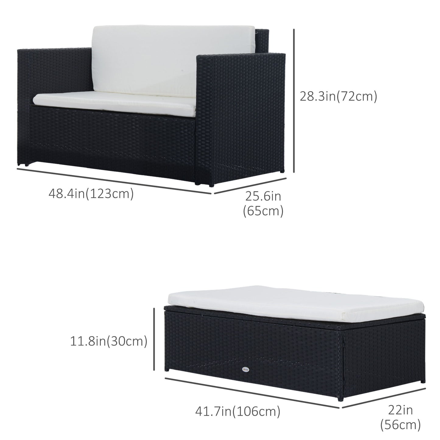 2 Pieces Wicker Patio Furniture Set with Double Ottoman, Outdoor PE Rattan Conversation Set with Loveseat and Two Seat Ottoman, Cream White