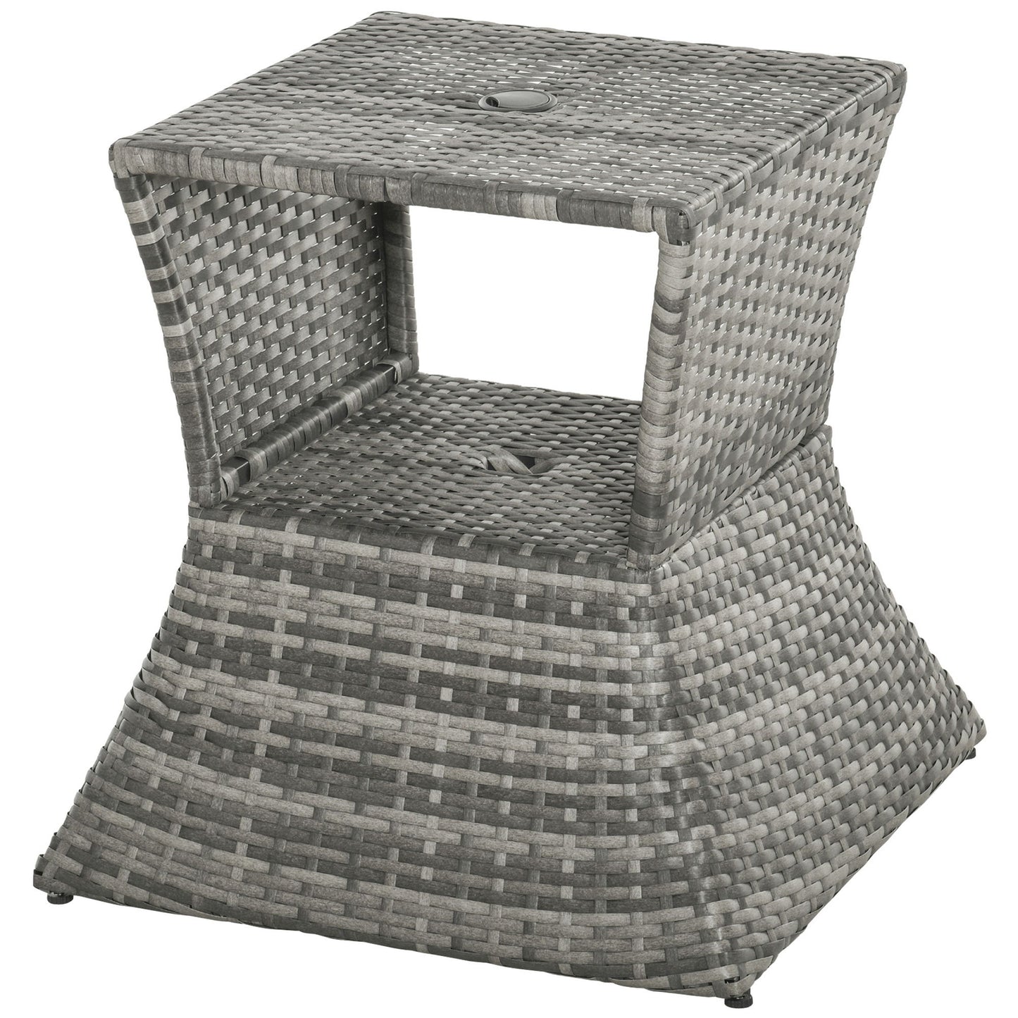 Rattan Wicker Side Table, 21.3" Square Outdoor End Table with Umbrella Hole 2-Tier Storage for Patio Garden Mixed Grey