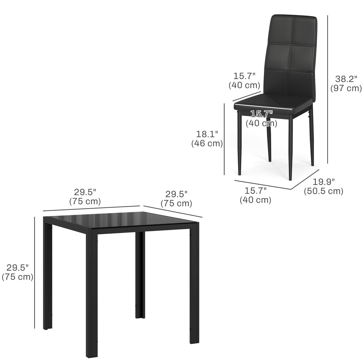 3-Piece Rectangular Glass Kitchen Table and Chairs with Metal Frame and Faux Leather Upholstery for Dining Room, Black