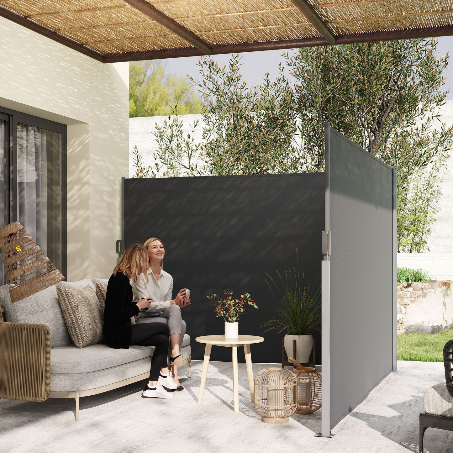 Retractable Double Side Awning, 79"x236" Patio Privacy Screen, UV Resistant, Waterproof Wind Screen, Charcoal Grey
