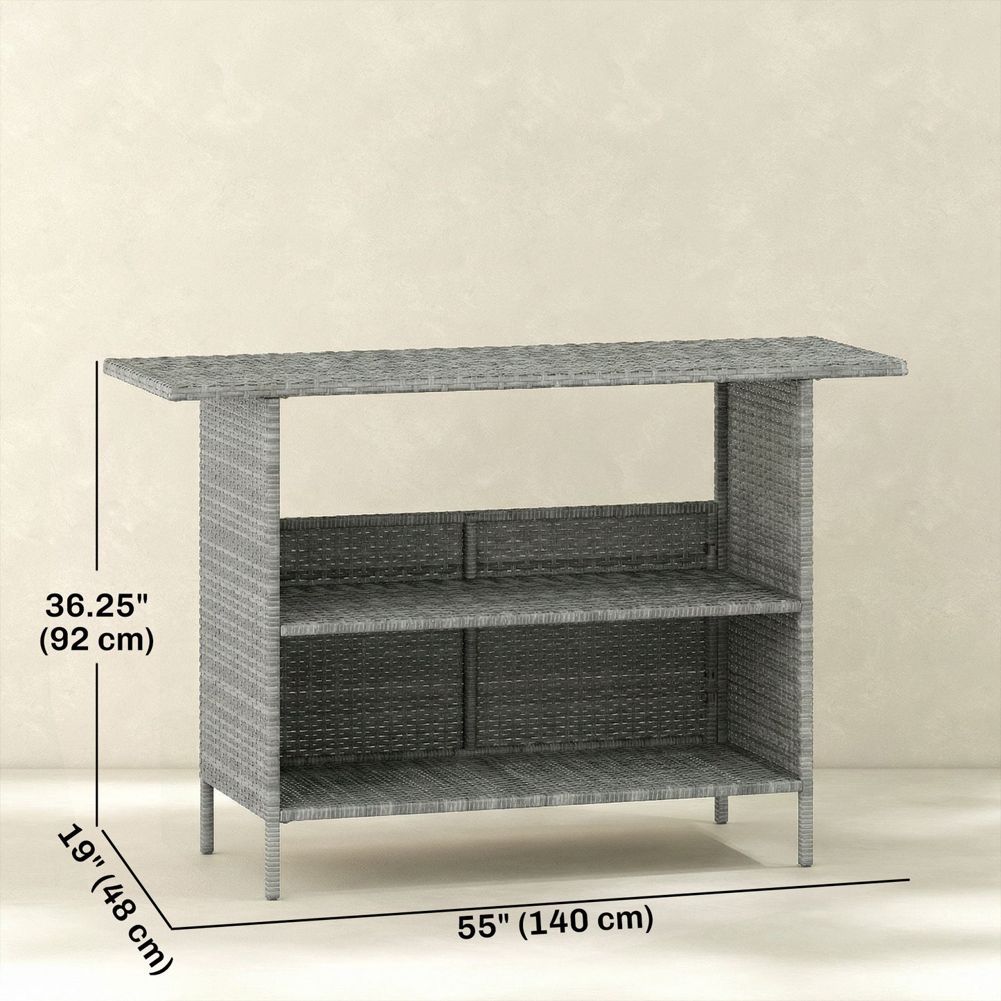 Wicker Outdoor Bar Table, PE Rattan Bar Height Patio Table with 2 Shelves, Steel Frame for Garden, Backyard, Dark Grey