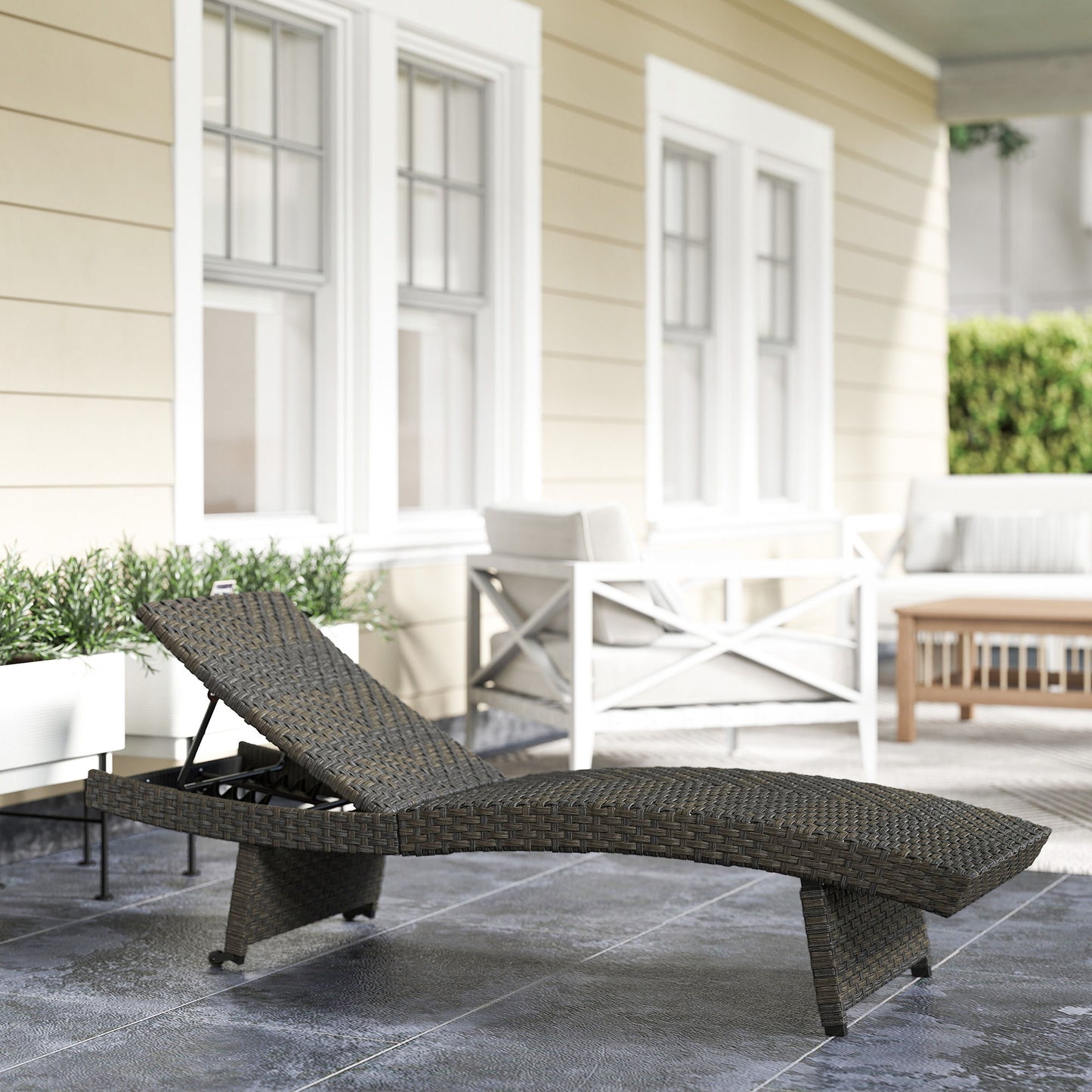Rattan Folding Outdoor Lounger Chair Recliner with 5-Level Adjustable Backrest, Wheels for Garden, Patio, Mixed Brown
