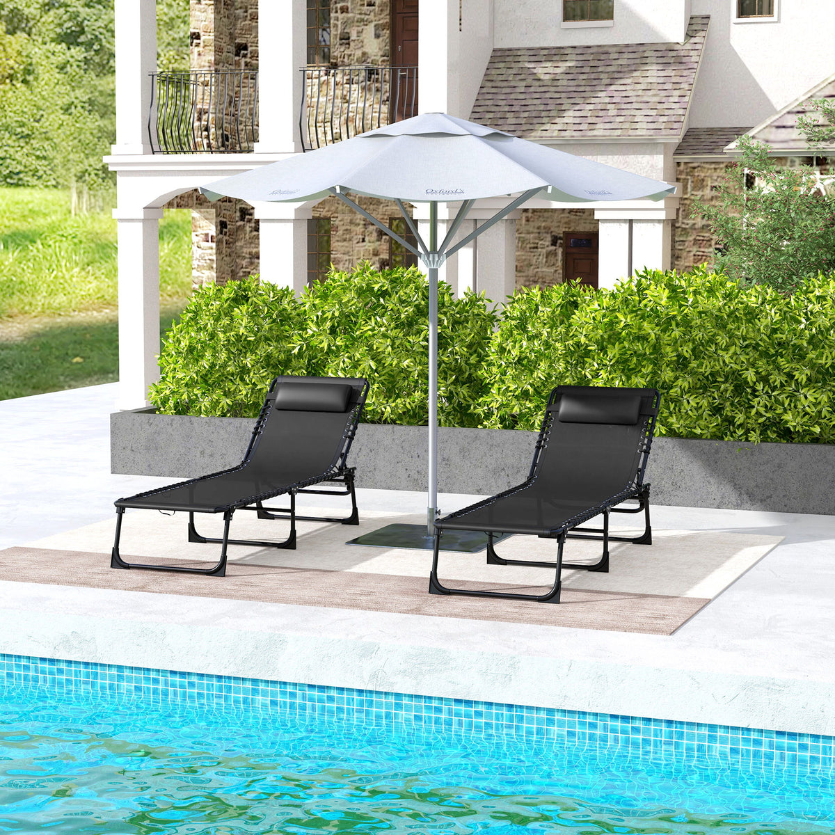 2pcs Folding Lounge Chair, Adjustable Chaise Lounge with Headrest, Reclining Lounger Cot for Camping, Black