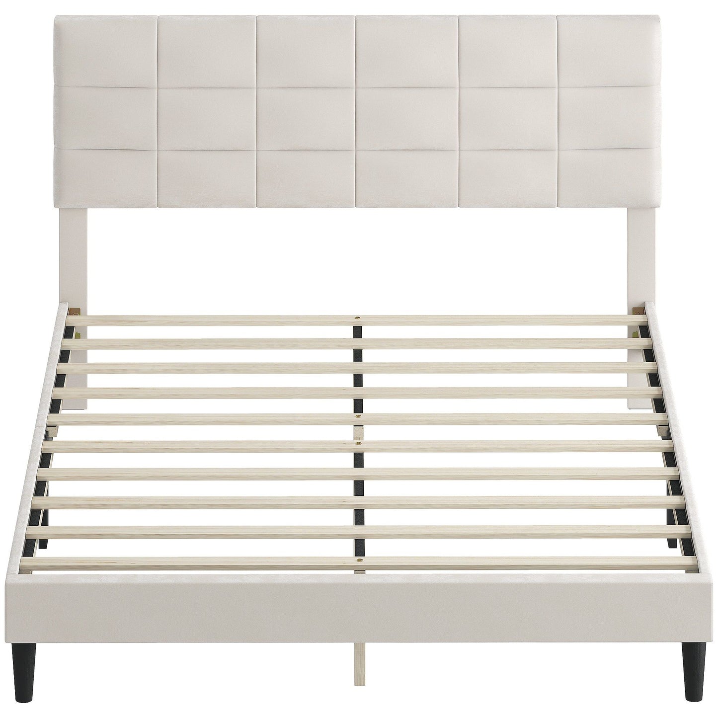 Queen Platform Bed Frame with Upholstered Headboard - Cream