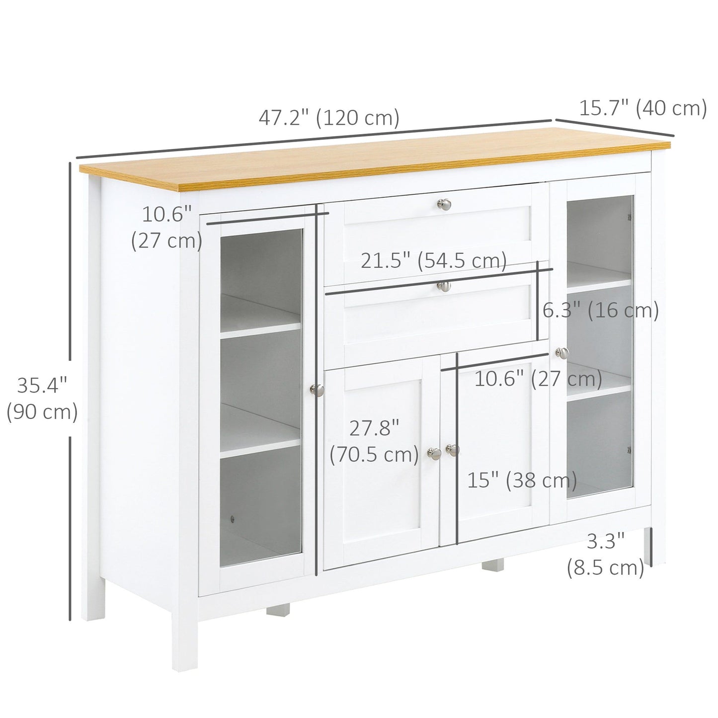 Buffet Sideboard with Glass Doors and Drawers - White