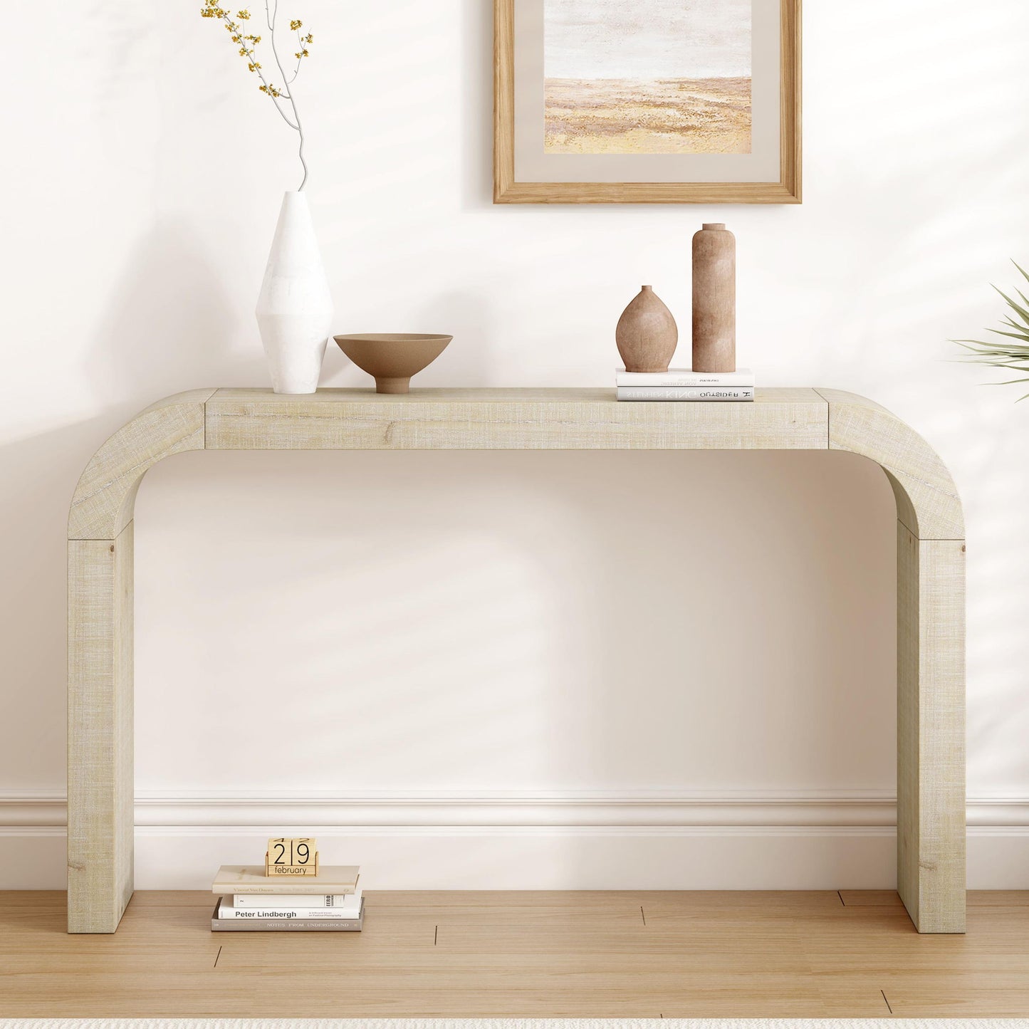 Vintage Farmhouse Console Table with Curved Edge and Distressed Wood Grain, Sturdy Sofa Table for Entryway, 52" L x 12" W x 31" H, Natural
