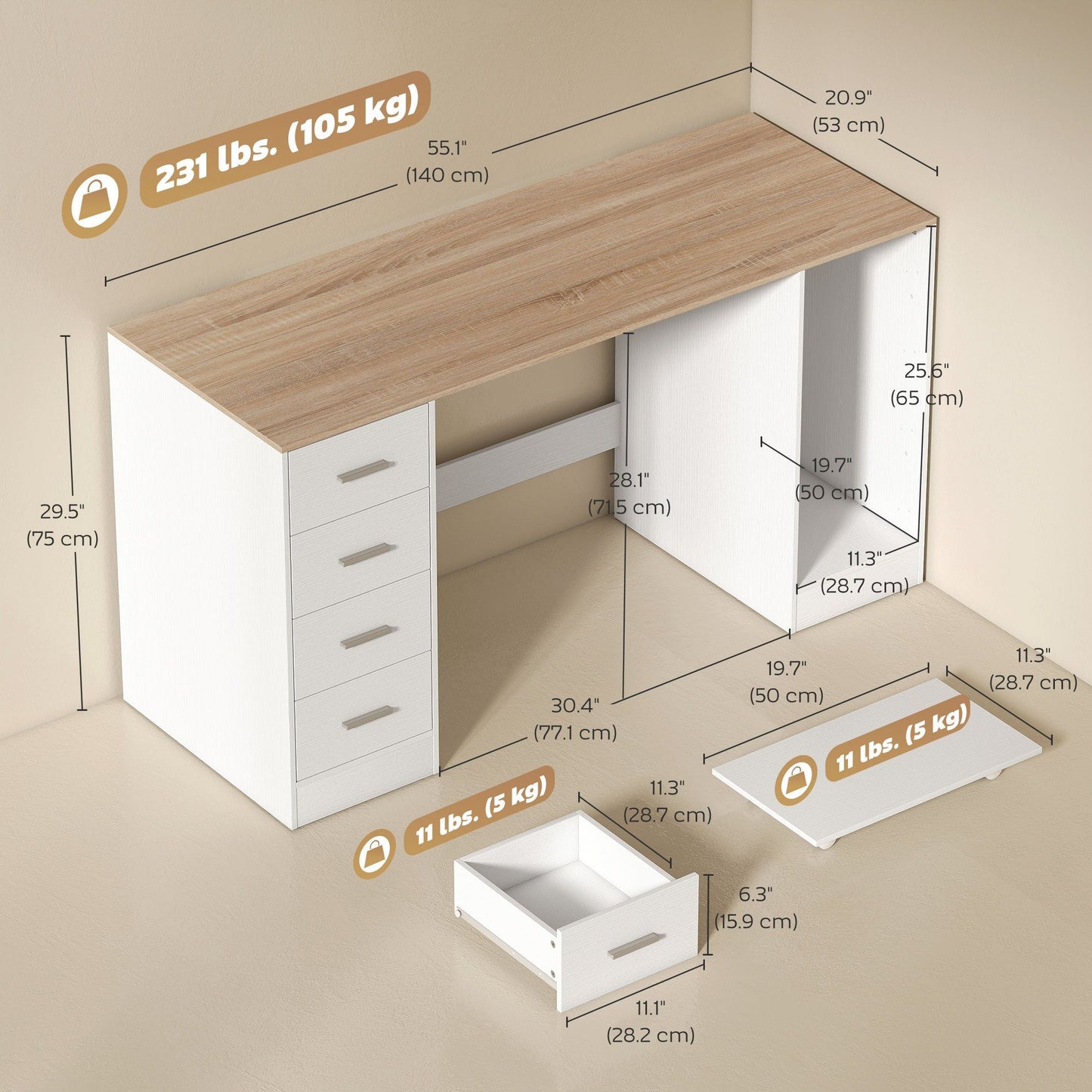 55" Computer Desk with 4 Reversible Drawers - White Wood Grain