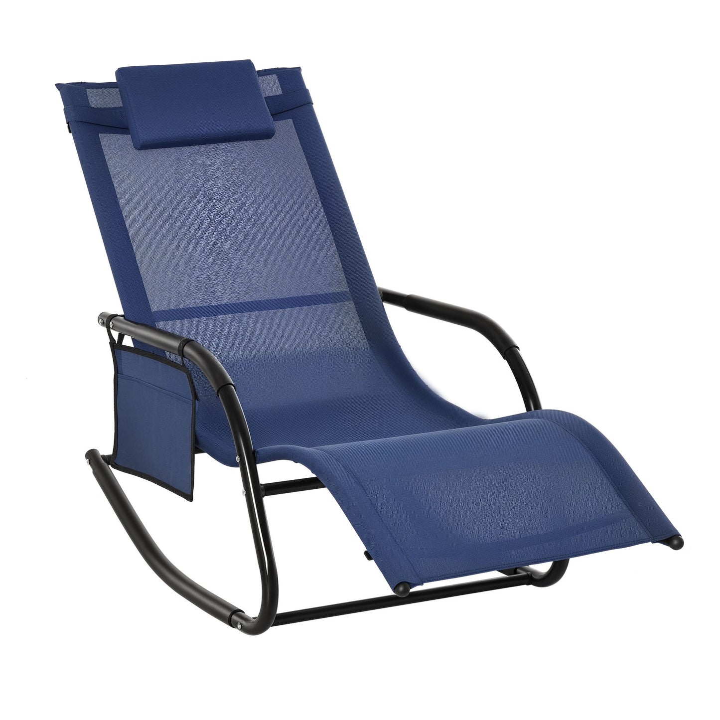 Patio Rocking Chair with Mesh Fabric, Outdoor Rocking Sling Sun Lounger with Removable Headrest and Side Pocket for Garden, Deck, Lawn, Blue