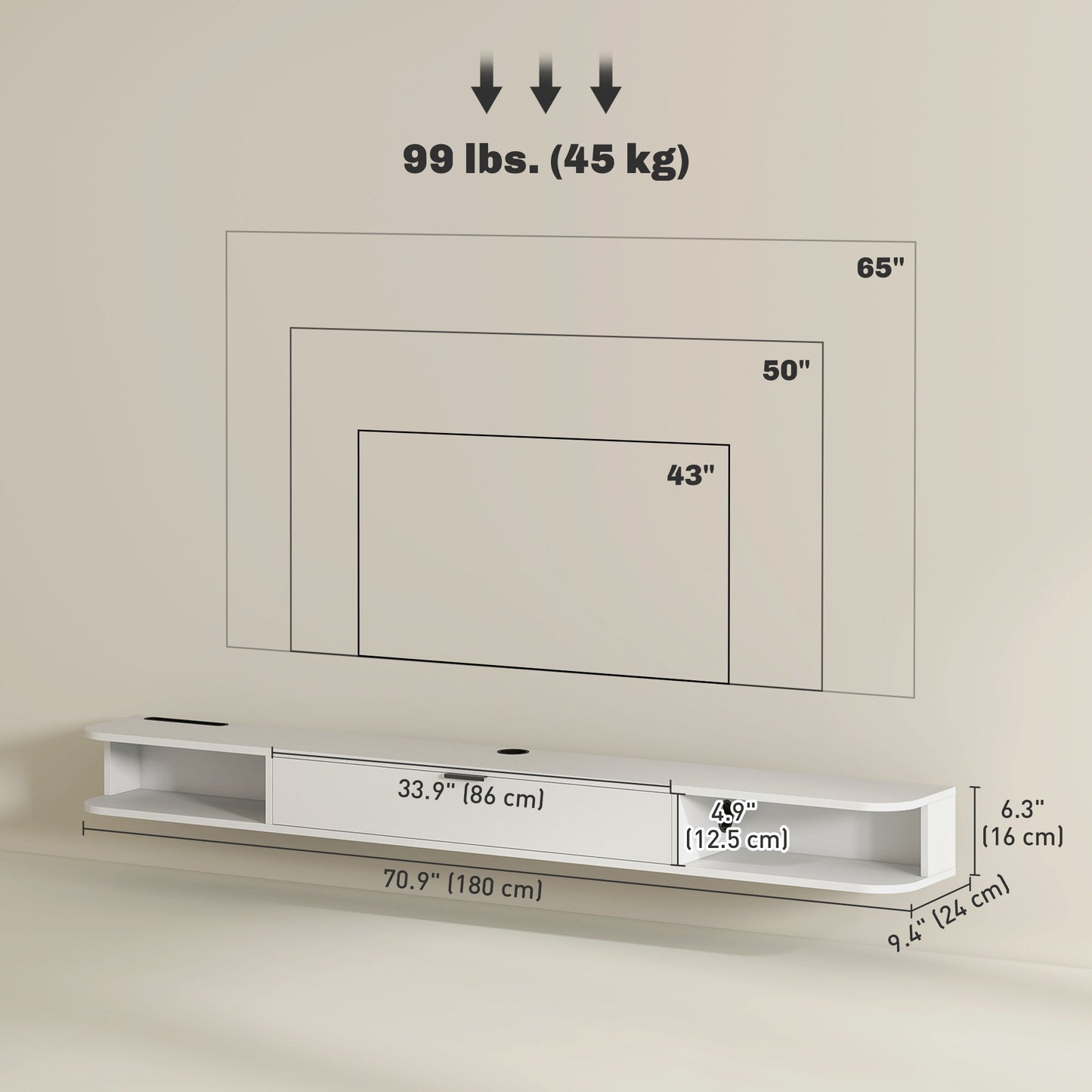71" Floating TV Stand for TVs up to 75 Inch, Wall Mounted Media Console with Flip Drawer and 2 Open Shelves, White