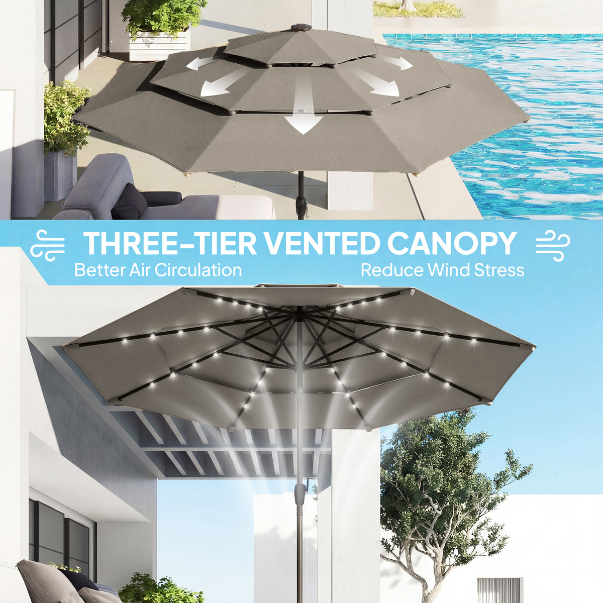 9.3' Grey Market Umbrella with Solar LED Lights & Tilt Crank