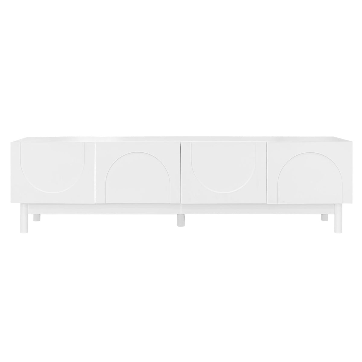 Modern TV Stand with Wave Shaped Doors, Ample Storage and Sturdy Legs, Elegant and Functional Design, 66.5" L x 13.5" W x 18" H, White