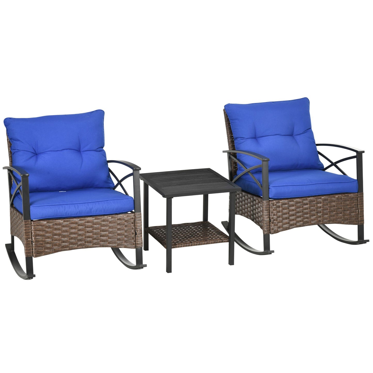 3 Pcs Outdoor PE Rattan Rocking Chair Set, Bistro Set with Two-tier Table, Padded Cushions for Garden, Dark Blue