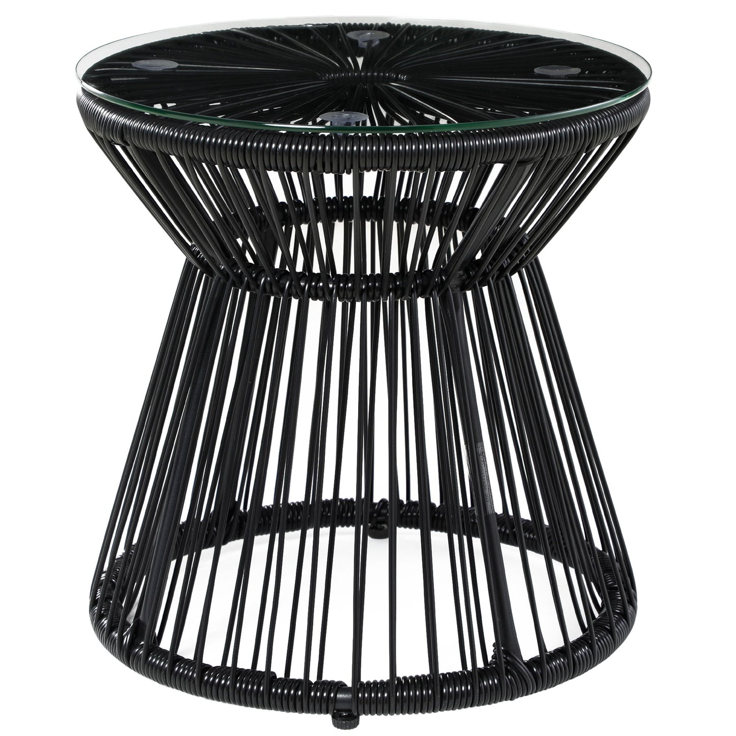 Round End Table, Rattan Side Table, Hollow Drum Design Coffee Table w/ Glass Tabletop for Patio, Garden, Balcony, Black