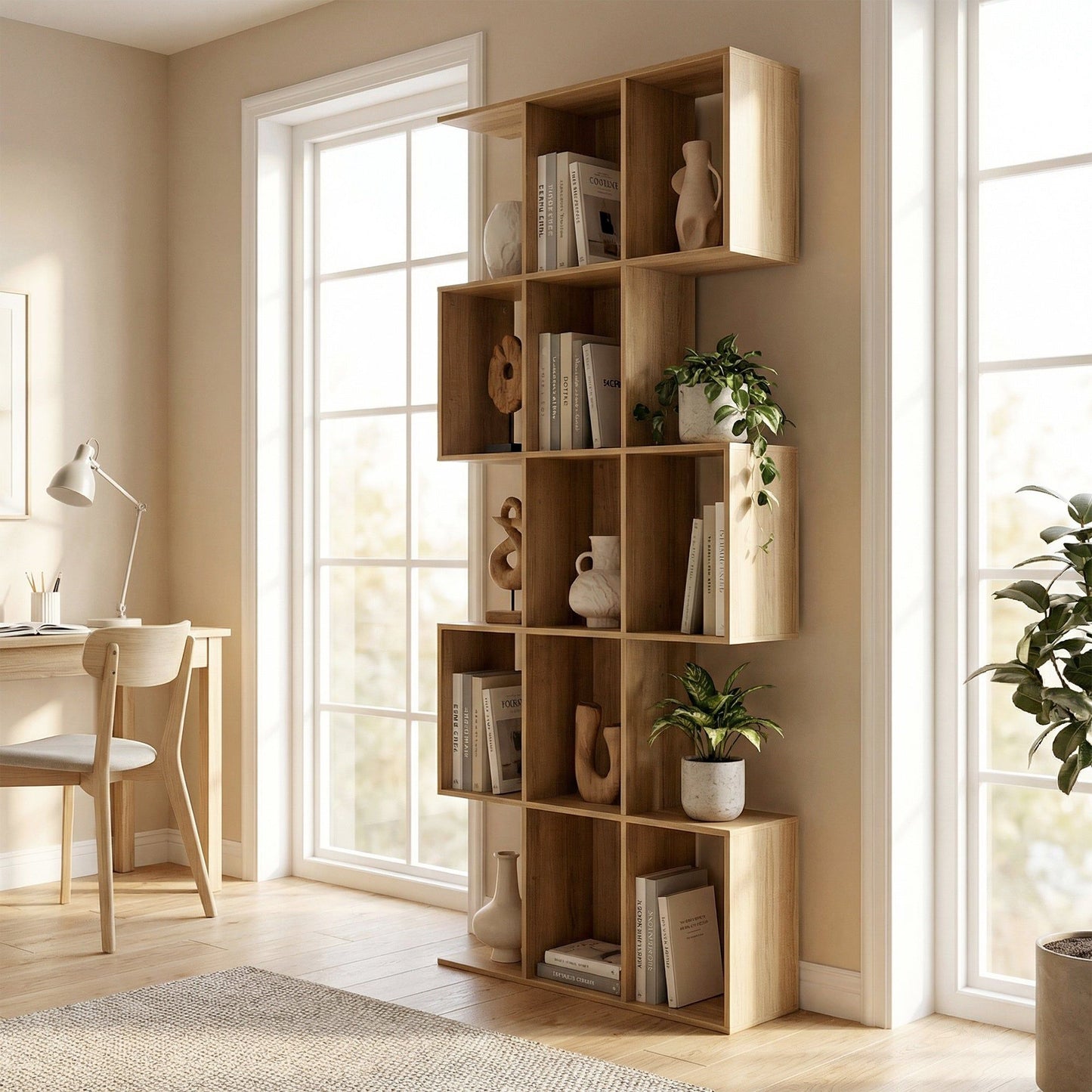 5-Tier S-Shaped Geometric Bookcase - Oak