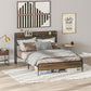Queen Size Bed Frame with Charging Station, Queen Bed Frame with Upholstered Headboard and Storage Shelf, Walnut