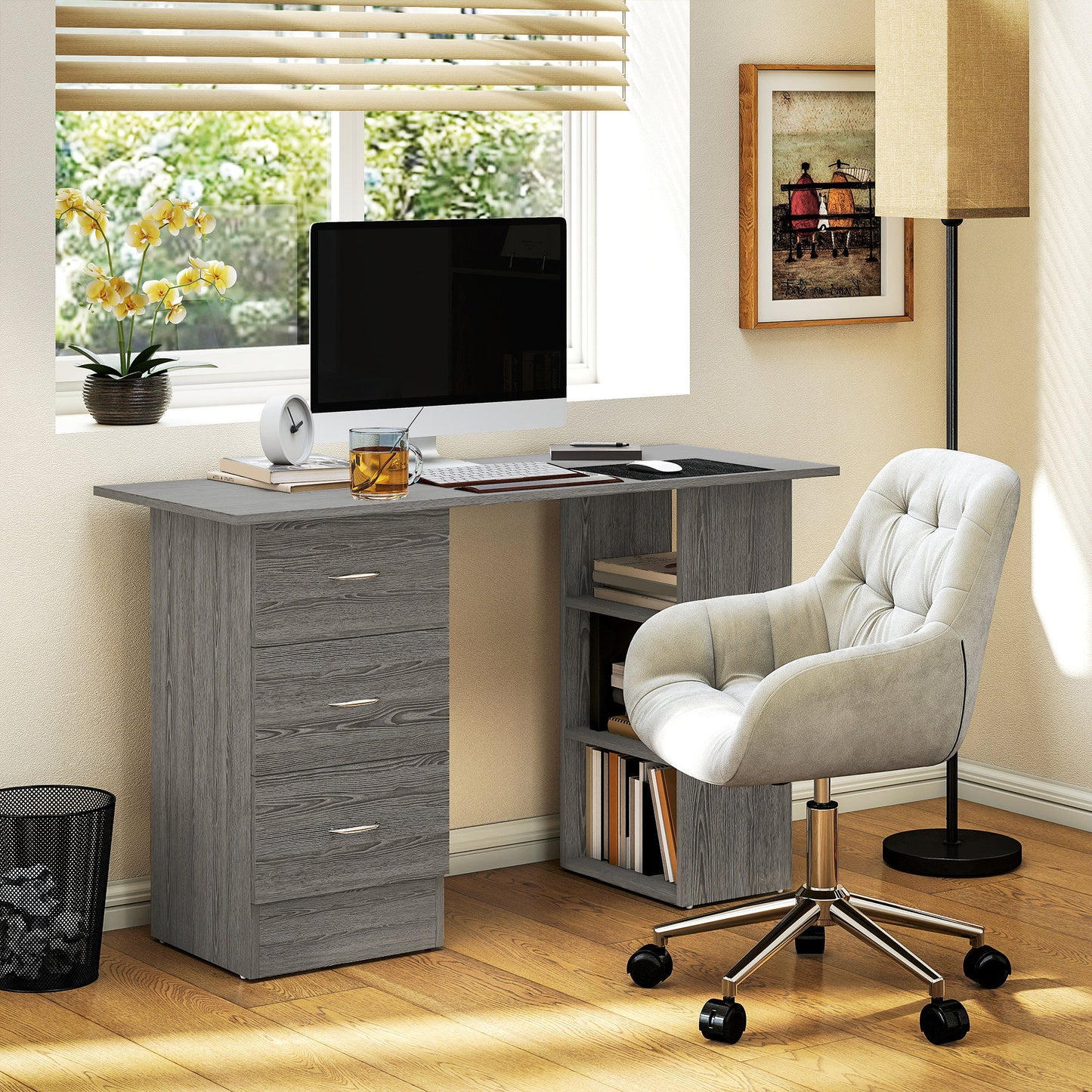 Computer Desk, 47" Writing Table with 3-Tier Shelves and 3 Reversible Drawers for Home Office, Bedroom, Grey