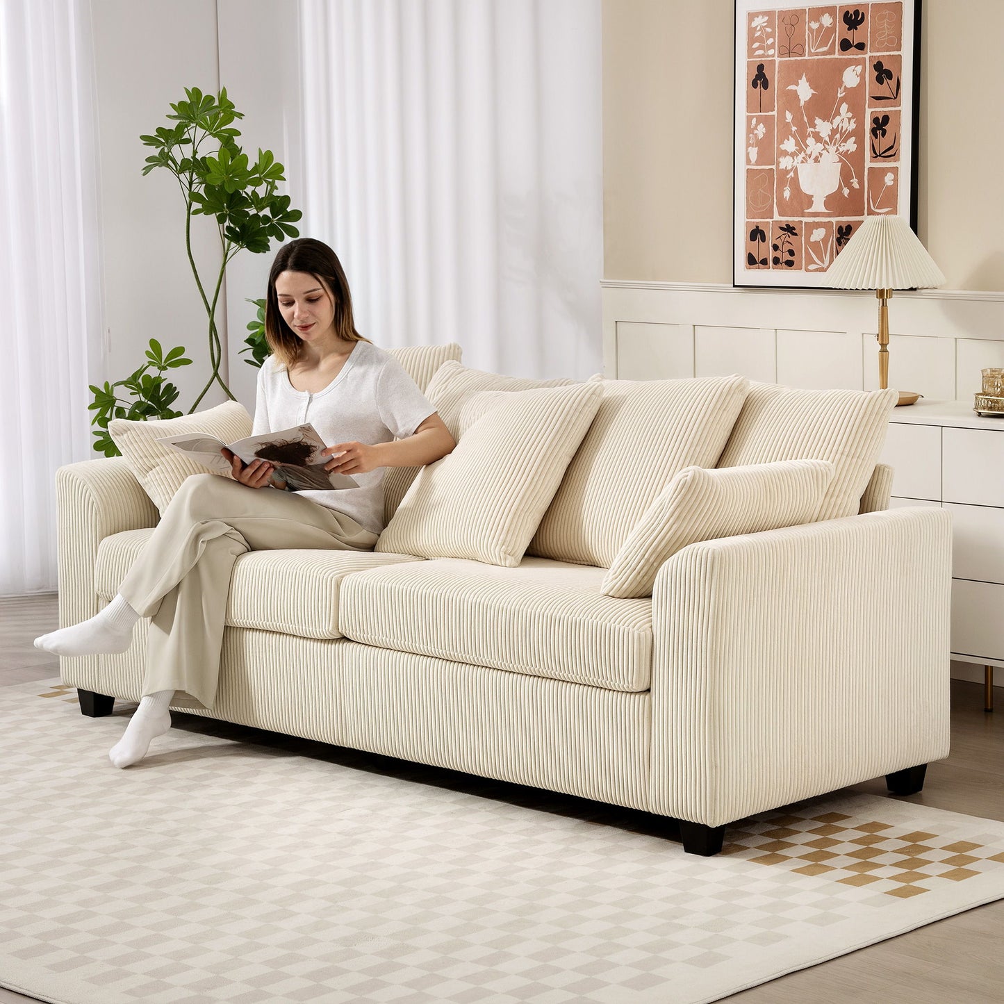 Corduroy Couch, 3 Seater Sofa, Modern Upholstered Couch with Curved Armrests and 8 Removable Pillows, Beige