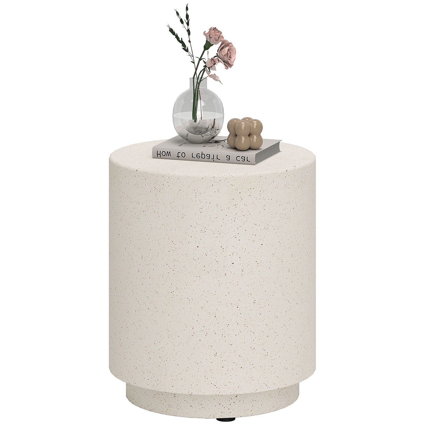 Terrazzo Finish Side Table, 17" Round End Table for Indoor and Outdoor, Cream White