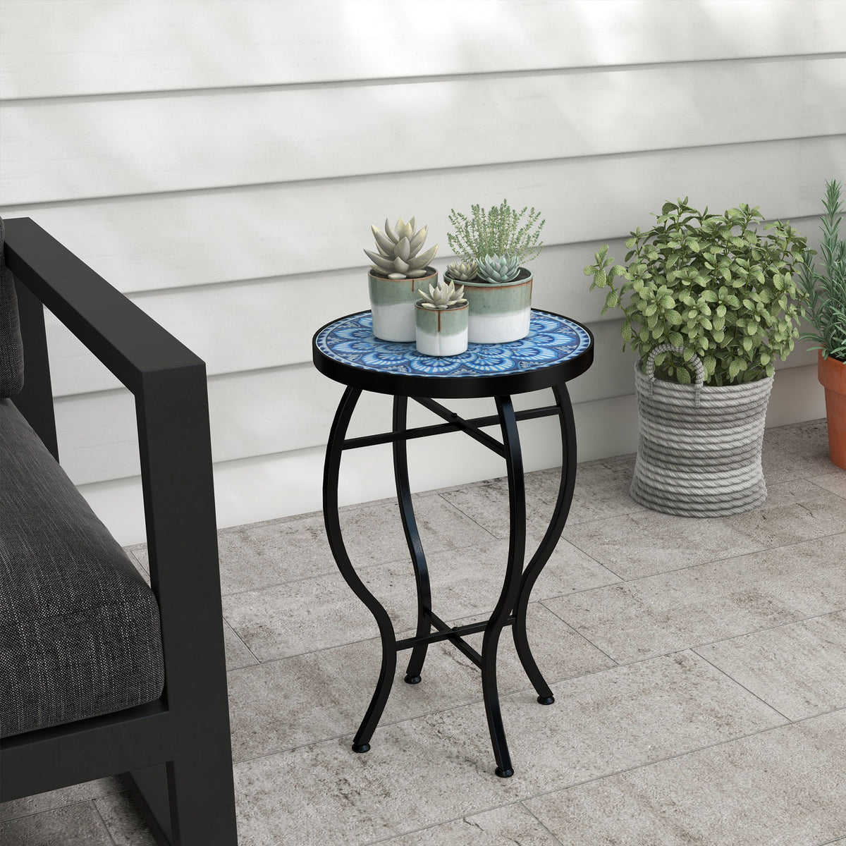Round Outdoor Table, Patio Bistro Coffee Table with Mosaic Top and Steel Frame for Garden