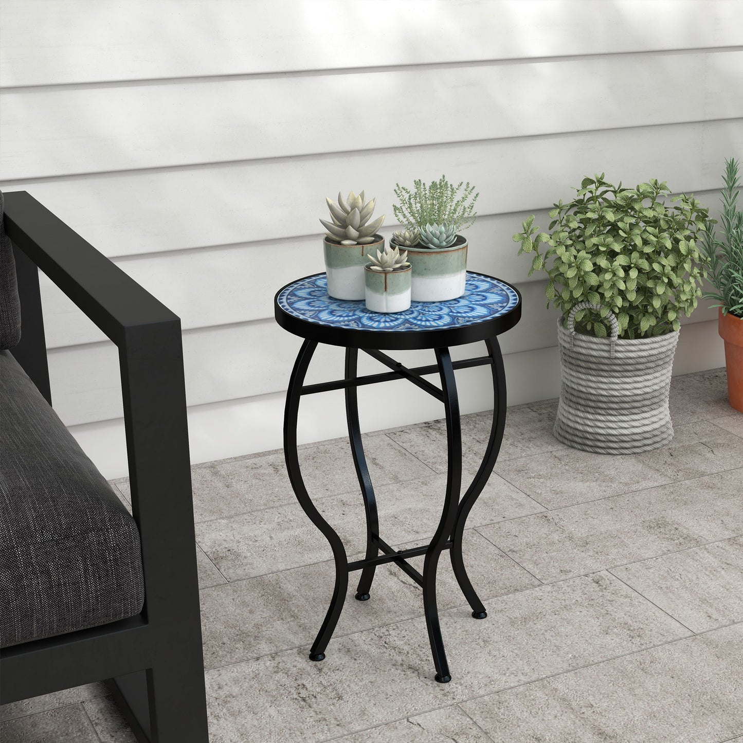 Round Outdoor Table, Patio Bistro Coffee Table with Mosaic Top and Steel Frame for Garden
