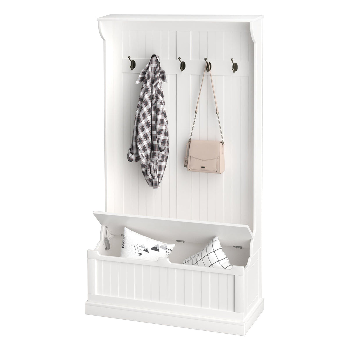 3-in-1 Hall Tree with Shoe Storage Bench - White