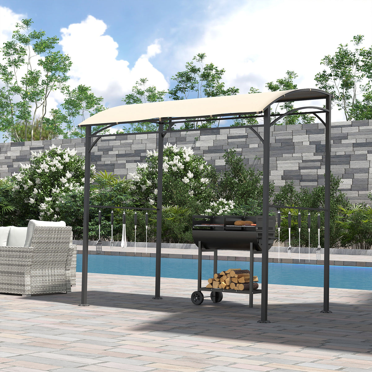 7' x 5' BBQ Grill Gazebo Tent, Garden Grill Canopy with Steel Frame and Hooks, Outdoor Sun Shade, Beige